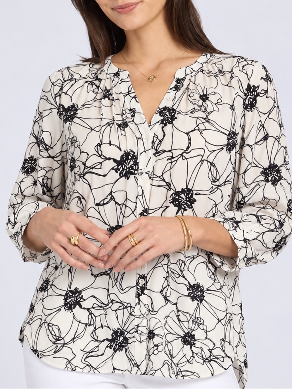 NYDJ Black White Floral Print Button Front Blouse Women’s Medium Office Work M
